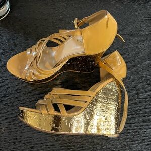 YSL Gold Wedge Heel and patent leather gold straps